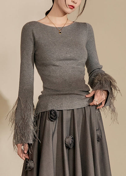 Fitted Grey O-neck Tassel Cotton Knit Sweaters Fall