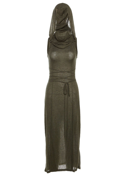 Original Design Army Green Side Open Hooded Dress Sleeveless