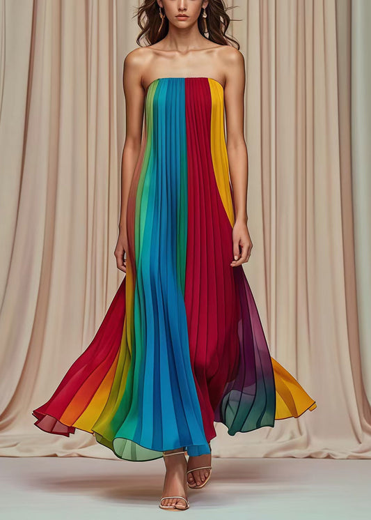 Multicolor Cold Shoulder Wrinkled Chiffon Strapless Dress Summer