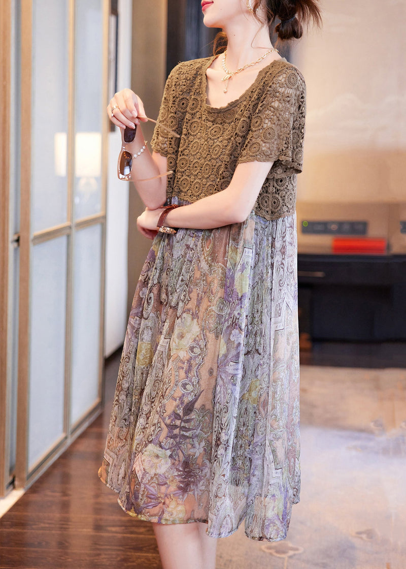 Coffee Print Chiffon Patchwork Summer Dress Hollow Out