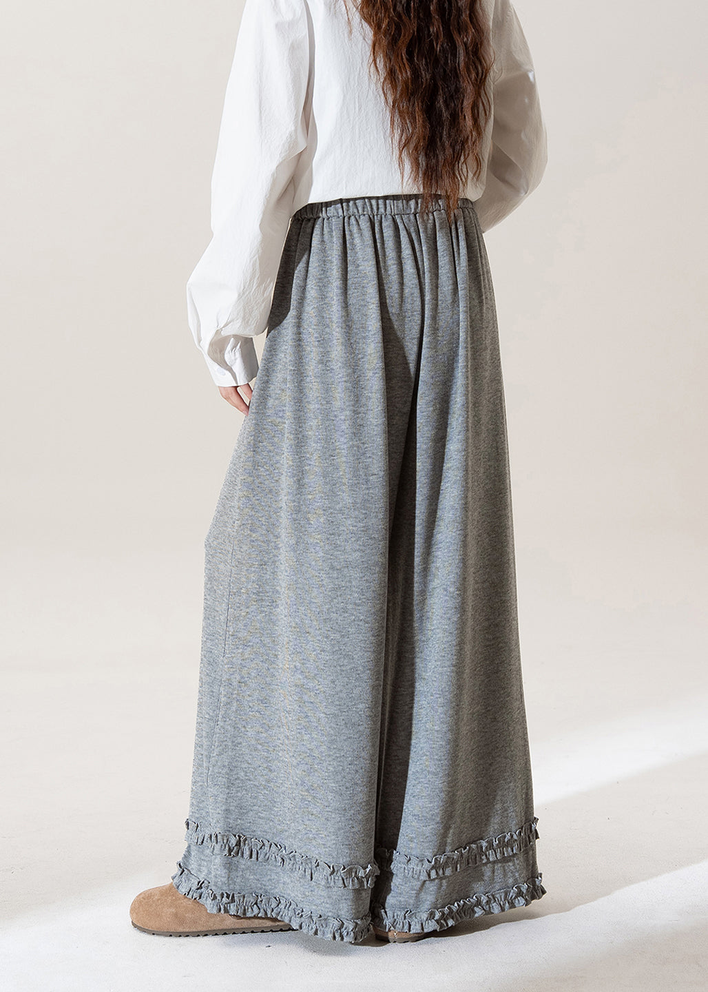 Grey Ruffled Elastic Waist Patchwork Cotton Wide Leg Pants Fall