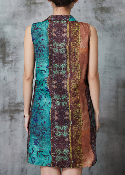 Khaki Asymmetrical Print Linen Mini Dresses Sleeveless