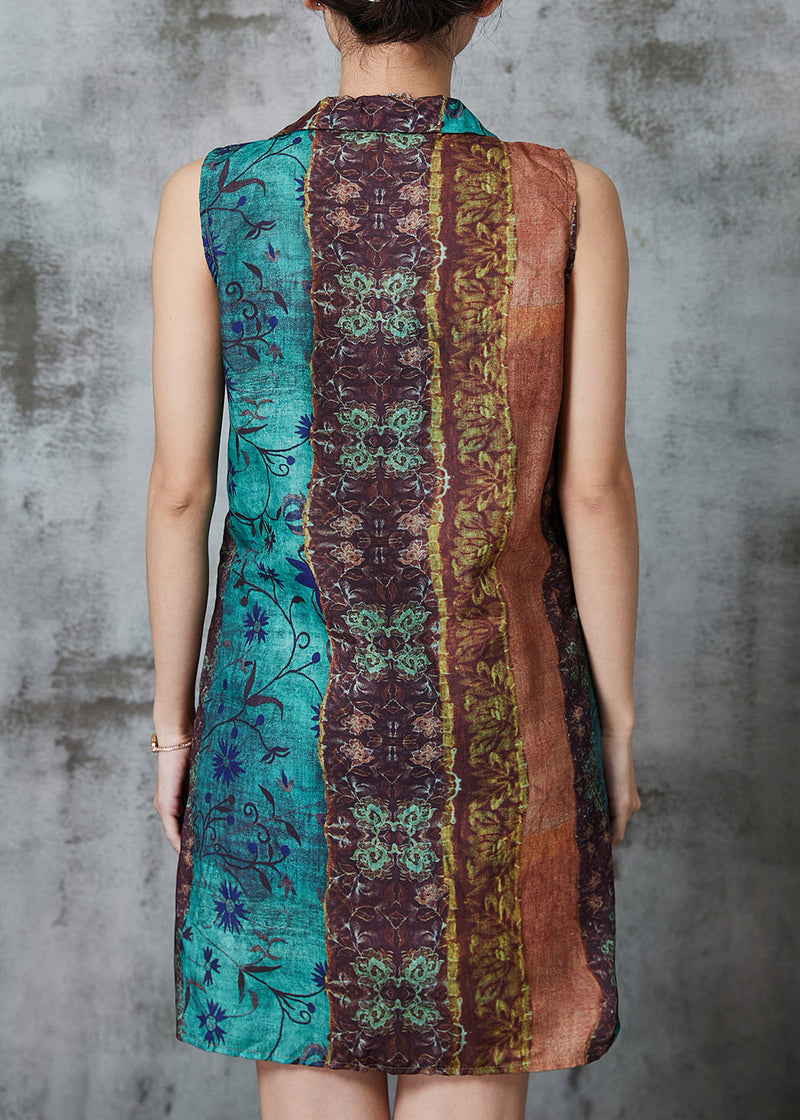 Khaki Asymmetrical Print Linen Mini Dresses Sleeveless
