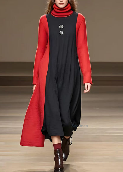 Black Asymmetrical Patchwork Party Maxi Dress Long Sleeve