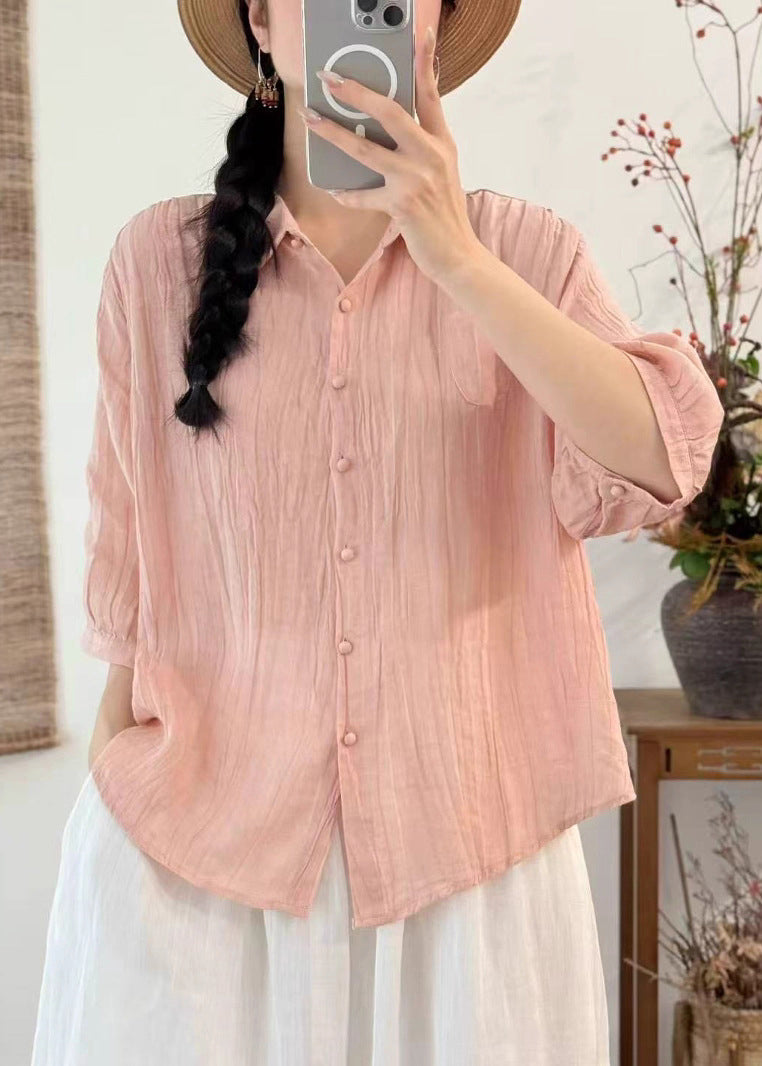 Pink Oversized Wrinkled Cotton Shirt Top Bracelet Sleeve