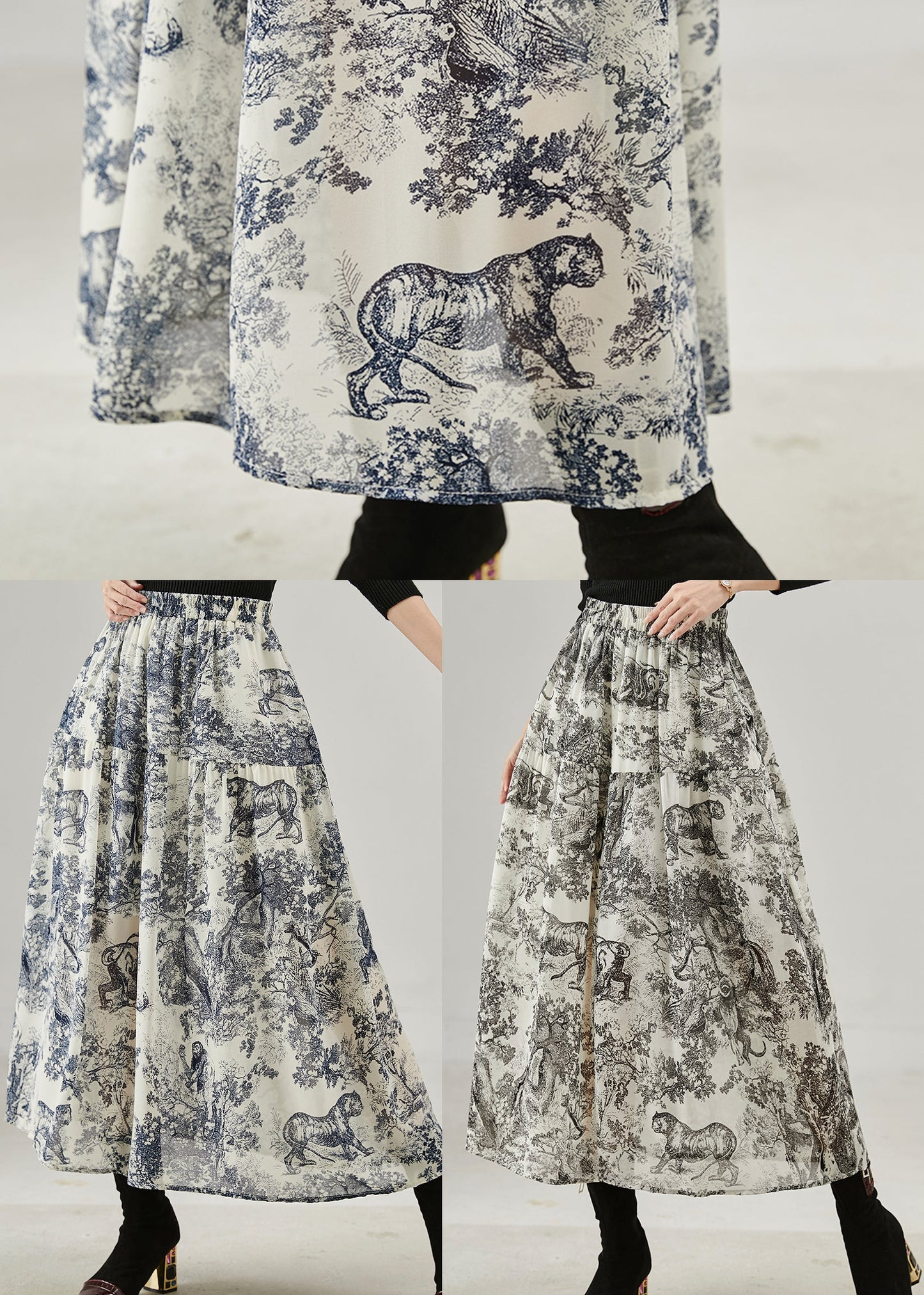 Black Print Cotton a Line Skirts Spring