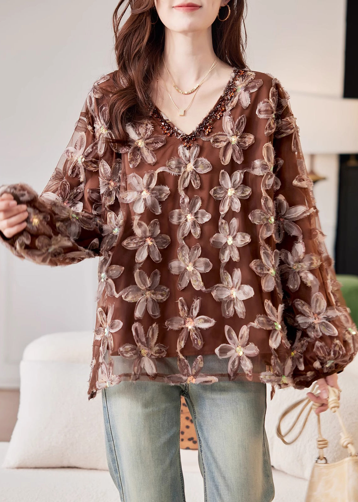 Handmade Coffee Nail Bead Sequins Chiffon Shirt Spring