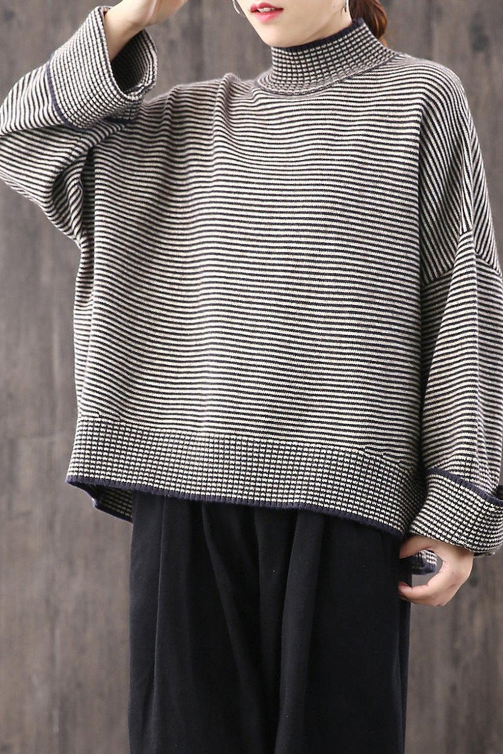 Loose High Collar Striped Sweater, Top,stylish Warm Sweater,wide Sleeve Sweater