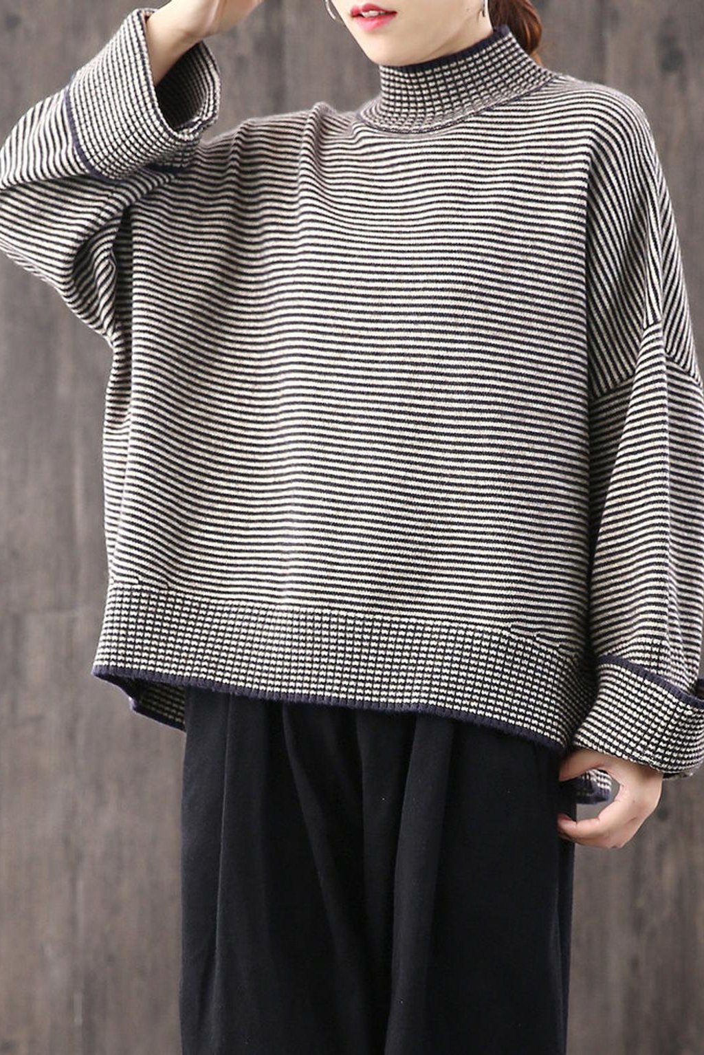 Loose High Collar Striped Sweater, Top,stylish Warm Sweater,wide Sleeve Sweater