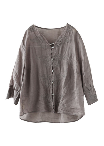 Purple V Neck Button Linen Shirt Half Sleeve