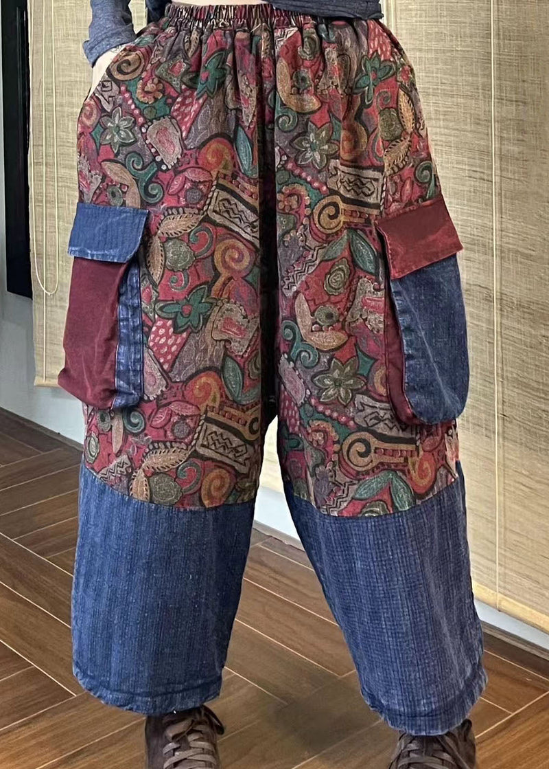 Pockets Print Patchwork Elastic Waist Cotton Crop Pants Spring