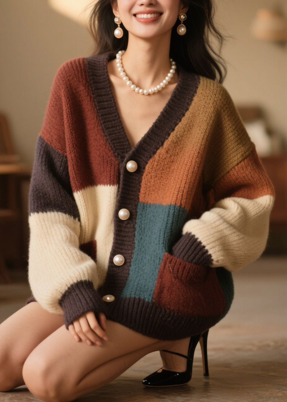Colorblock Button Pockets Knit Cardigan Fall