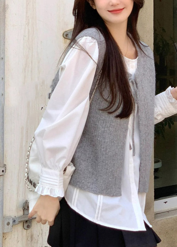 Style Grey O-neck Tie Lace Cotton Knit Waistcoat Sleeveless
