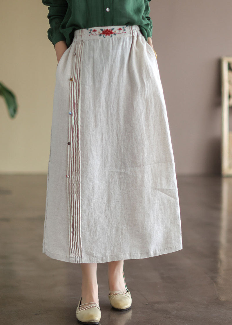 Beige Embroidered Pockets Patchwork Cotton Skirts Summer