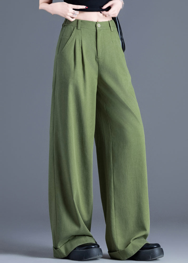 Tea Green Elastic Waist Cotton Wide Leg Pants Spring