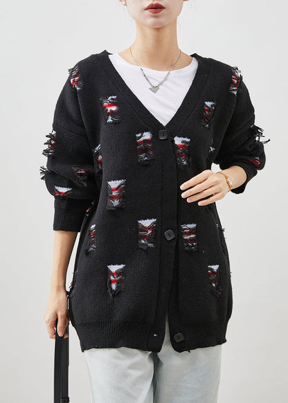 Black Oversized Ripped Thick Knit Coat Spring