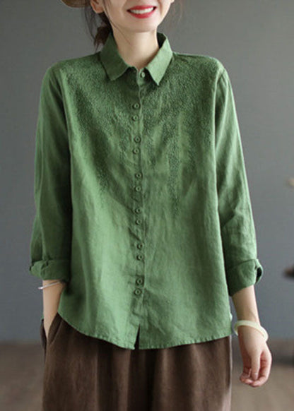 Simple Beige Peter Pan Collar Embroidered Linen Shirts Spring
