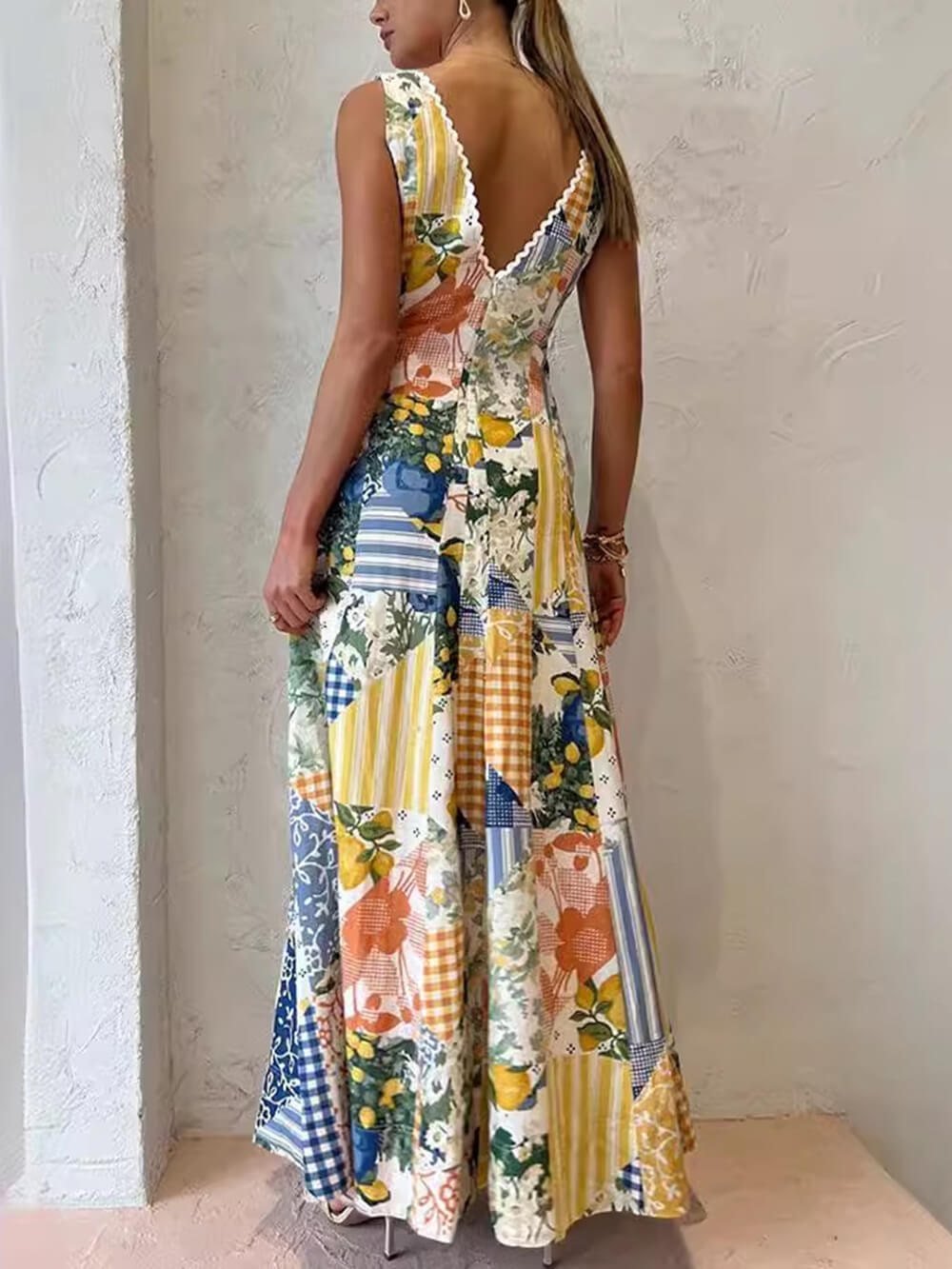 Sleeveless Printed Large V-neck Dress
