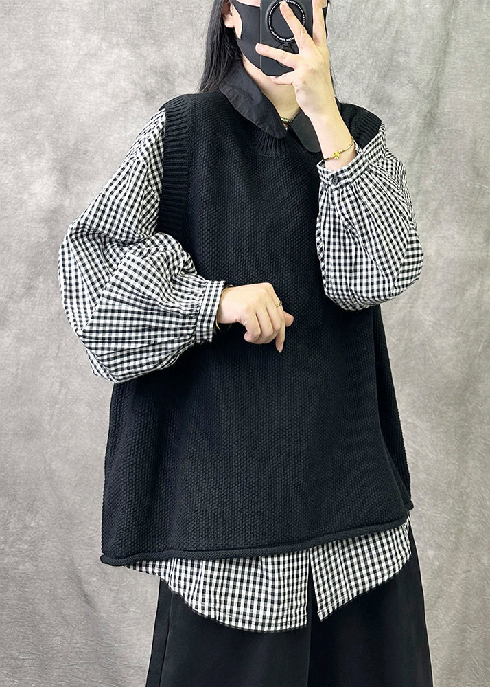 Loose Black O Neck Cozy Knit Waistcoat Sleeveless