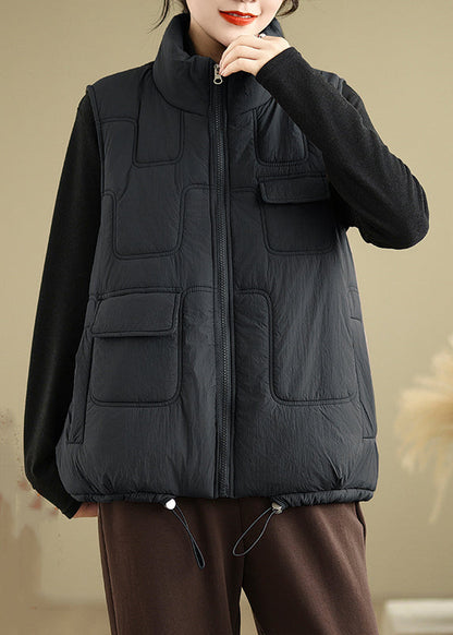 Black Zip Up Patchwork Fine Cotton Filled Vest Sleeveless