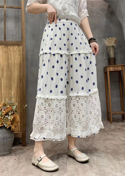 Yellow Dot Print Ruffled Patchwork Elastic Waist Crop Wide Leg Pants