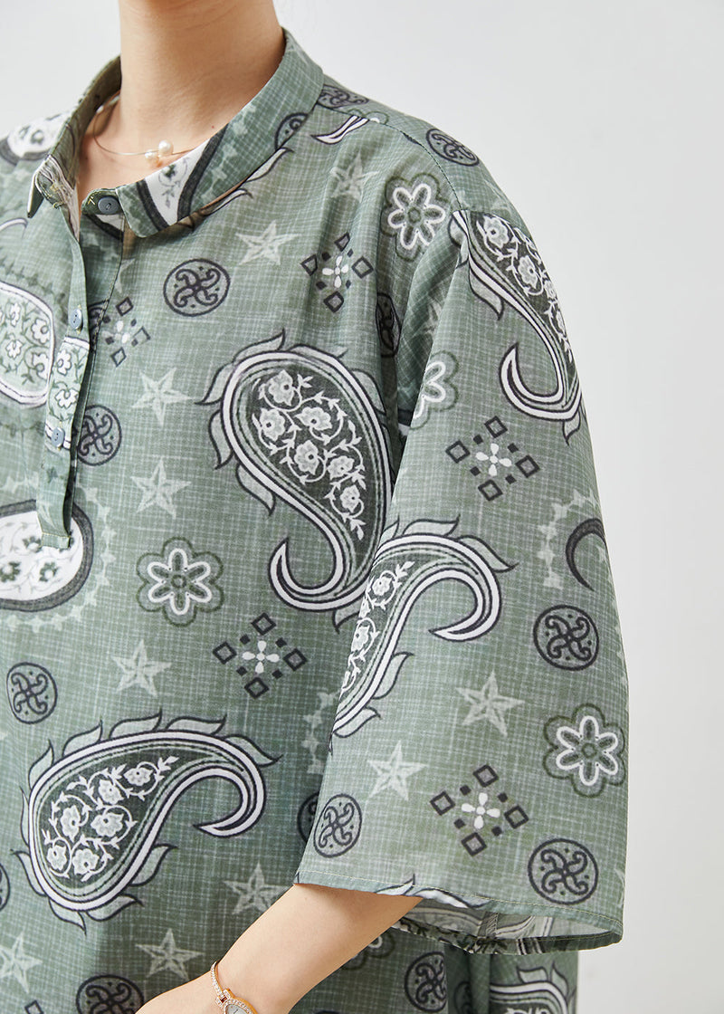 Grey Oversized Print Cotton Shirt Top Summer