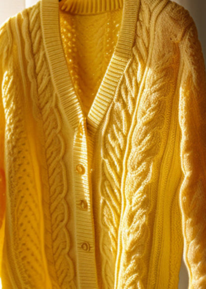 Yellow Hollow Out Button Knit Cardigans Fall