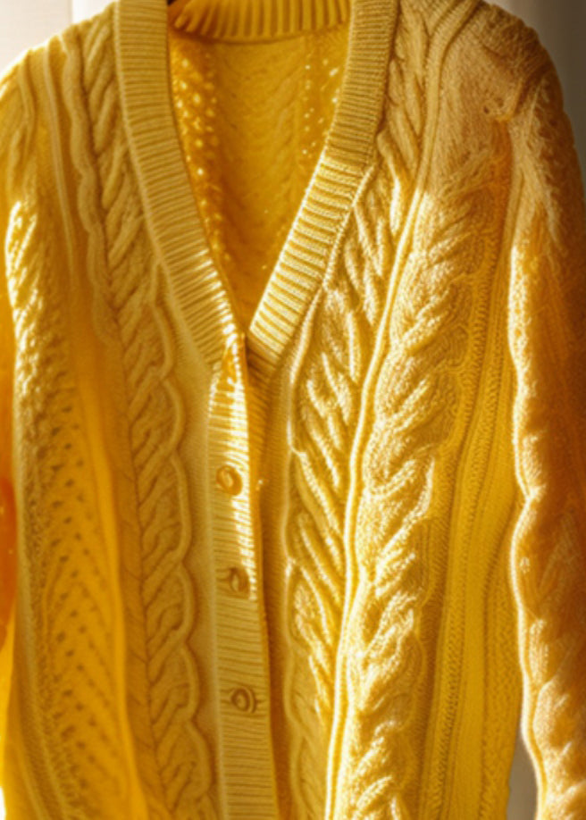 Yellow Hollow Out Button Knit Cardigans Fall