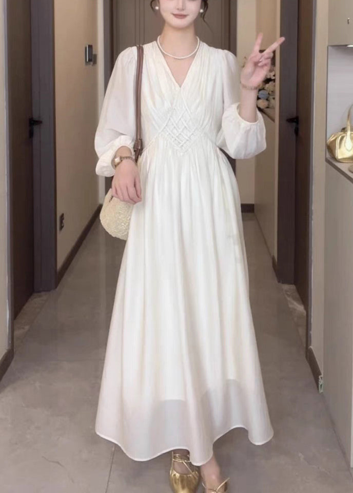 Beige V Neck High Waist Cotton Long Dress Fall