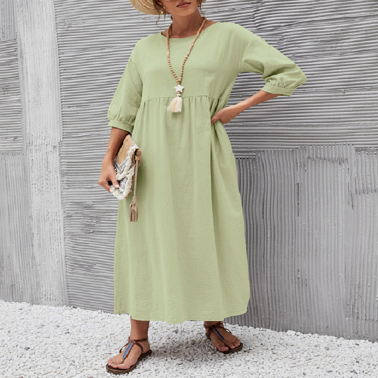 Spring Outfit Lantern Sleeve Loose Cotton and Linen Pocket Dress
