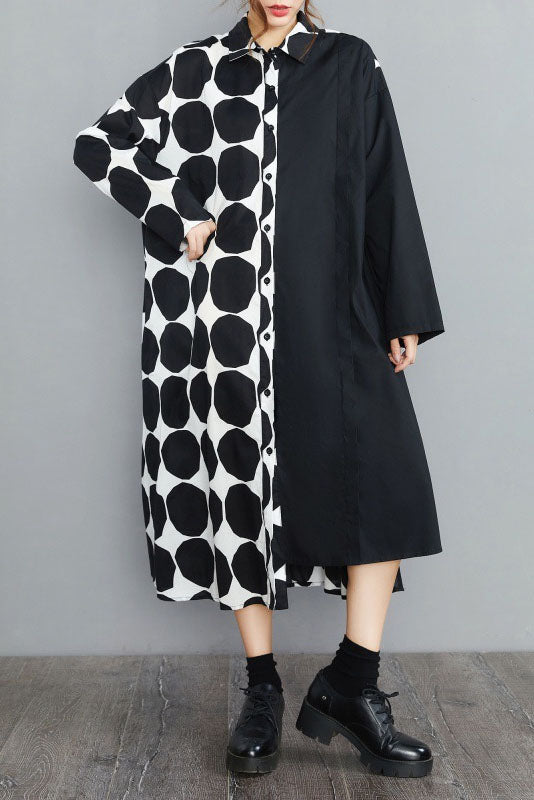 Spring Polka Dot Colorblock Lapel Shirt Dress