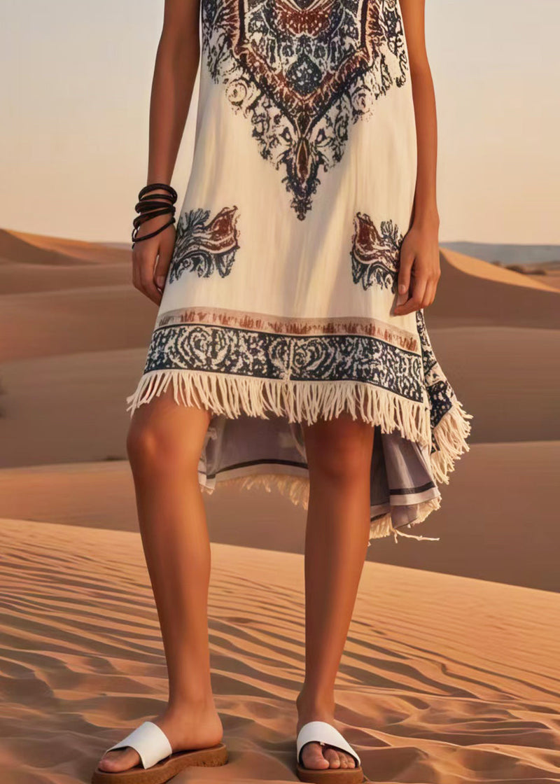 Diy White Tasseled Print Cotton Holiday Dress Sleeveless