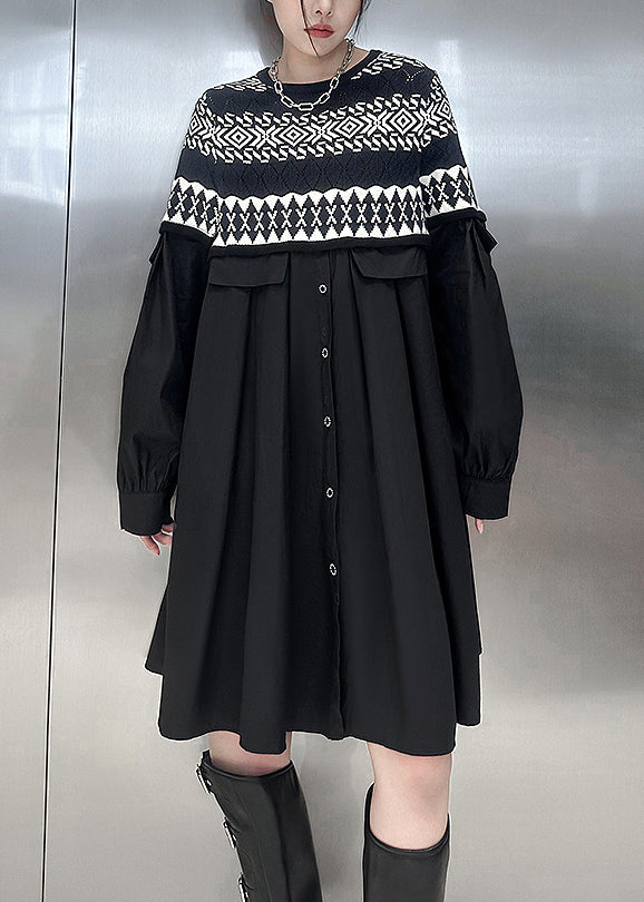 Black O Neck Knit Patchwork Cotton Dresses Fall