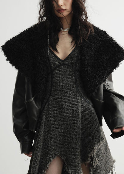 Black Fur Collar Pockets Faux Leather Coats Spring