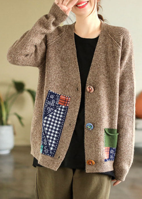 Yellow V Neck Patchwork Applique Knit Cardigans Winter