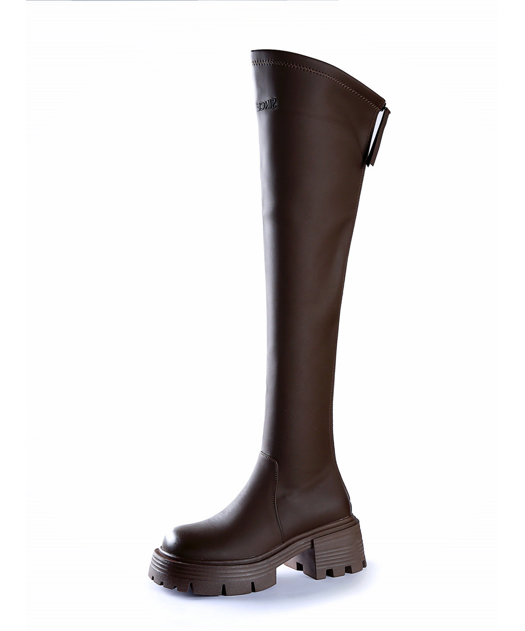 Coffee Splicing Zippered Chunky Heel Knee Boots