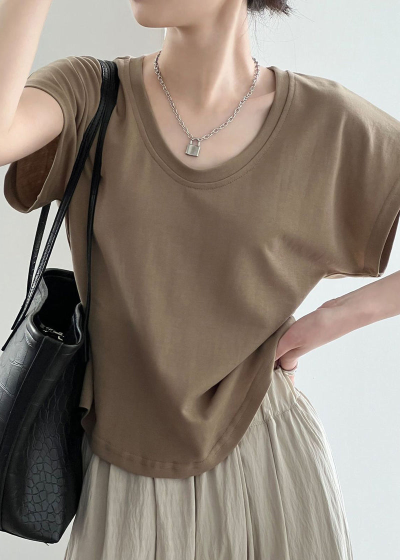 Simple Coffee O Neck Cotton T Shirt Summer