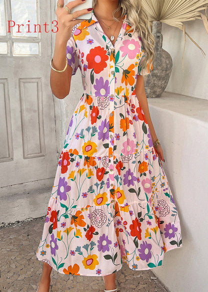 V Neck Print Patchwork Cotton Dresses Summer
