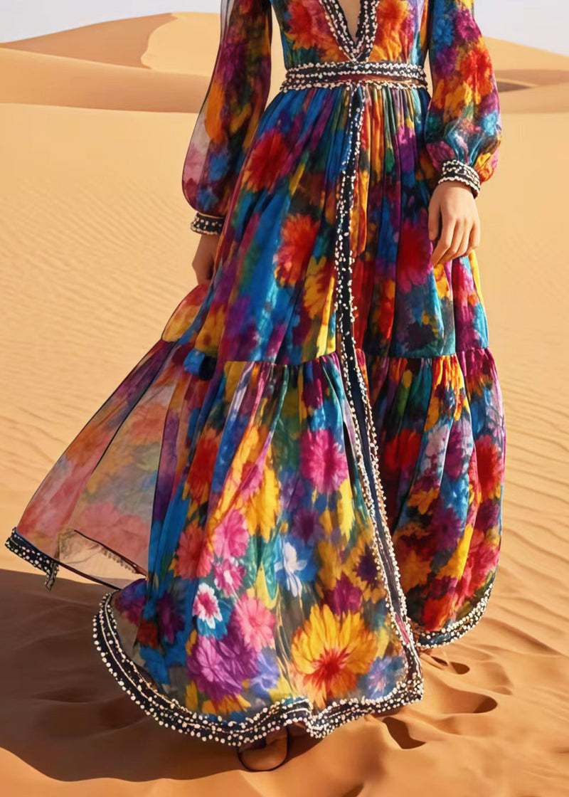 Flower Print Exra Large Hem Chiffon Beach Dress Spring