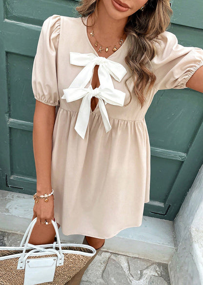 French Apricot Puff Sleeve Bow Cotton Mid Dresses Summer