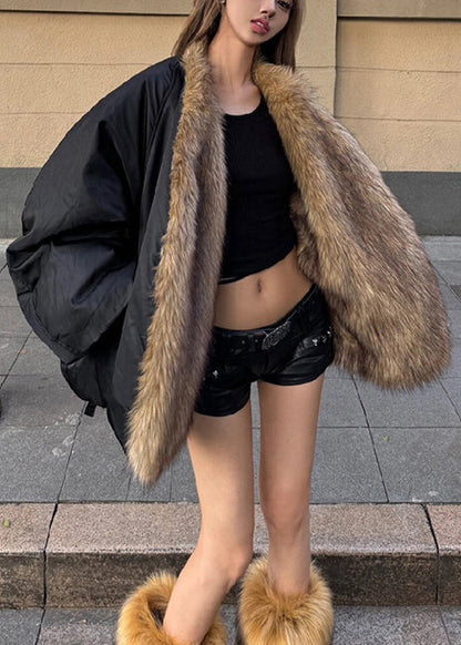Black Oversized Patchwork Faux Fox Fur Coats Winter