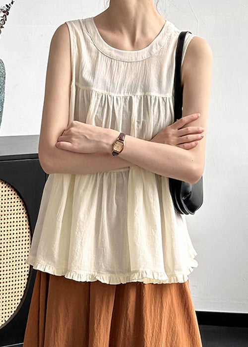 Beige Ruffled Cotton Tops O Neck Summer