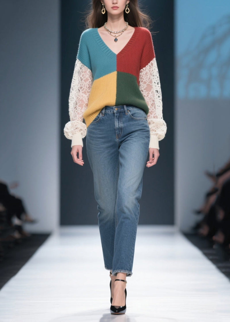 Mixed Color Hollow Out Patchwork Lace Sweater Tops Fall