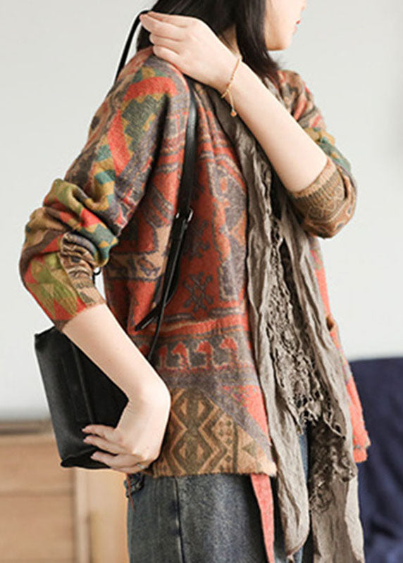 Diy Khaki Loose Knit Print Button Pockets Fall Sweater Cardigans