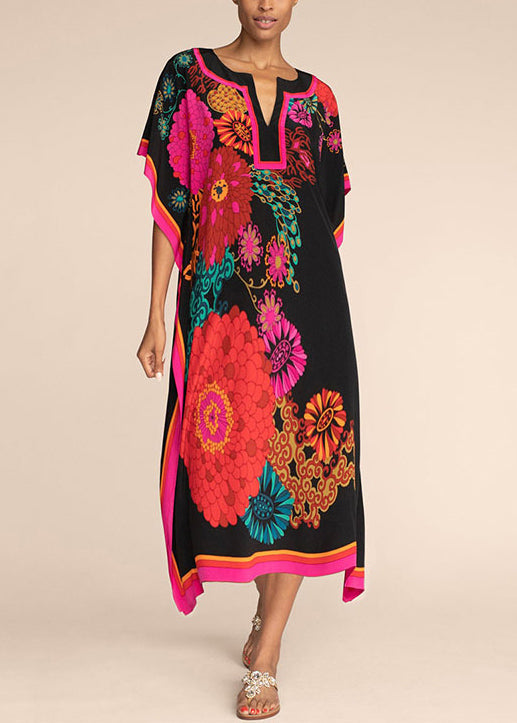 Blue O Neck Print Chiffon Long Dress Summer