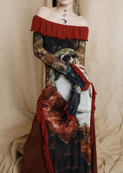 Red Ruffled Print Cotton Maxi Dresses Long Sleeve