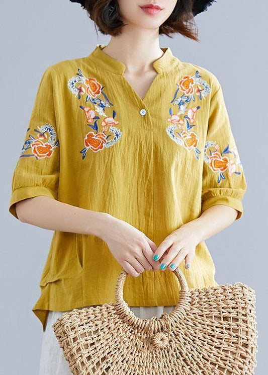 Yellow Embroidery Linen Cotton Blouse Sewing V Neck Summer Top