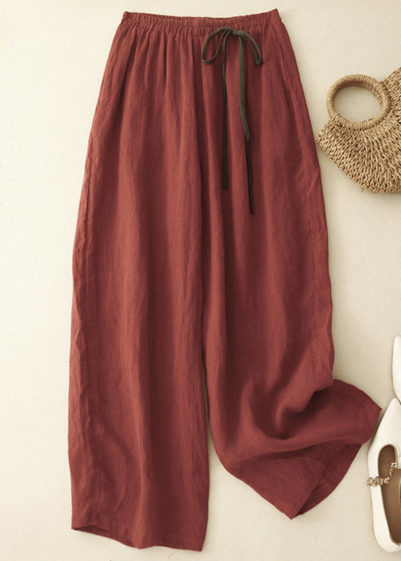 Simple Red Elastic Waist Cotton Crop Pants Summer