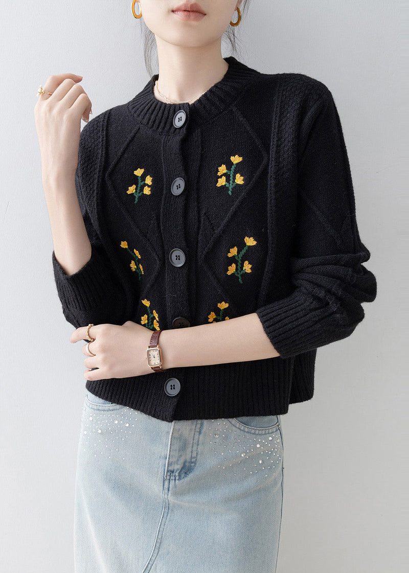 Italian Black Embroidered Thick Knit Cardigan Winter