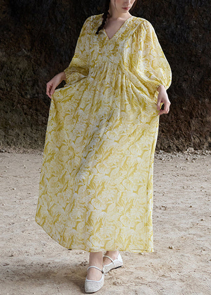 Yellow V Neck Embroidered Linen Dresses Batwing Sleeve